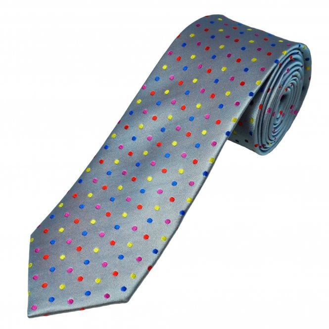 Tresanti Celeste Silver Grey, Red, Yellow, Royal Blue & Fuchsia Pink Polka Dot Men's Silk Tie