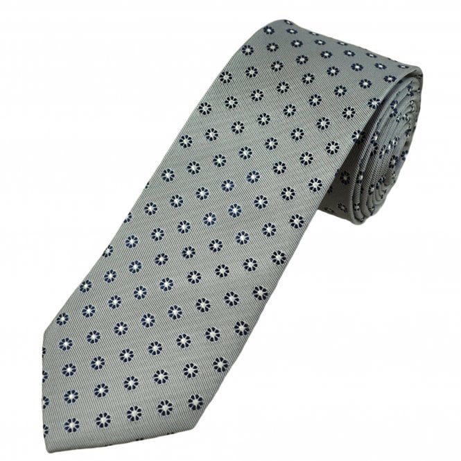 Tresanti Celeste Silver, Navy Blue & White Flower Pattern Men's Silk Designer Tie
