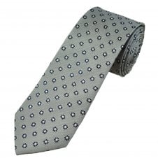 Tresanti Celeste Silver, Navy Blue & White Flower Pattern Men's Silk Designer Tie