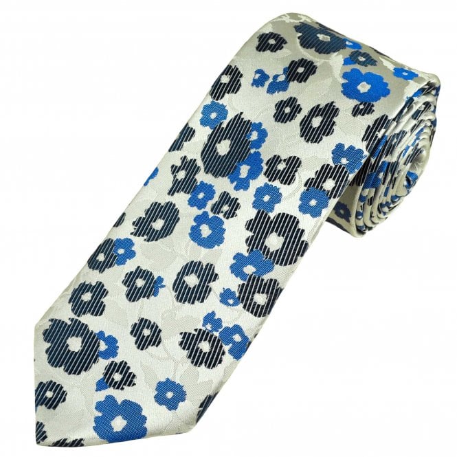Tresanti Celeste Silver, Navy & Royal Flower Patterned Men's Silk Tie