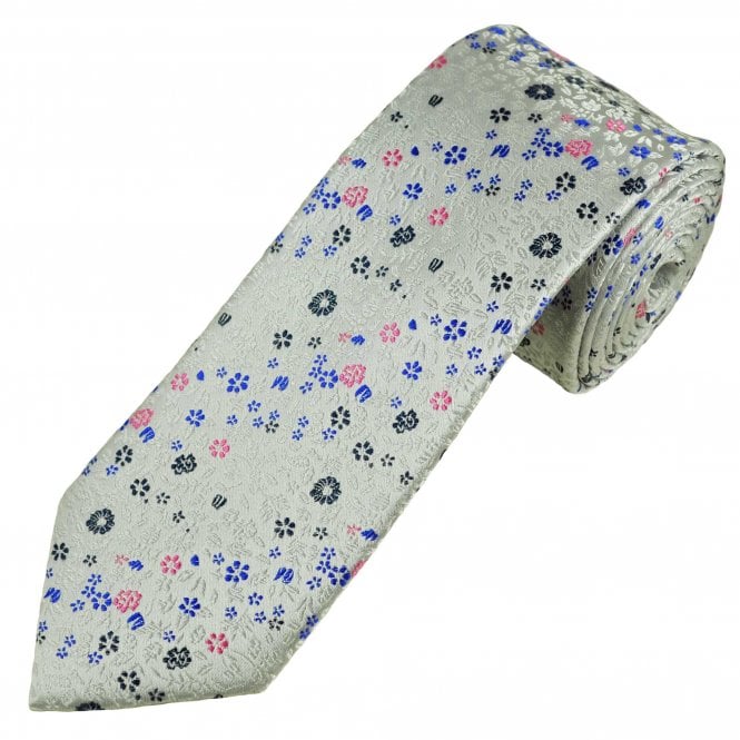 Tresanti Celeste Silver, Navy, Royal & Pink Flower Patterned Men's Silk Tie