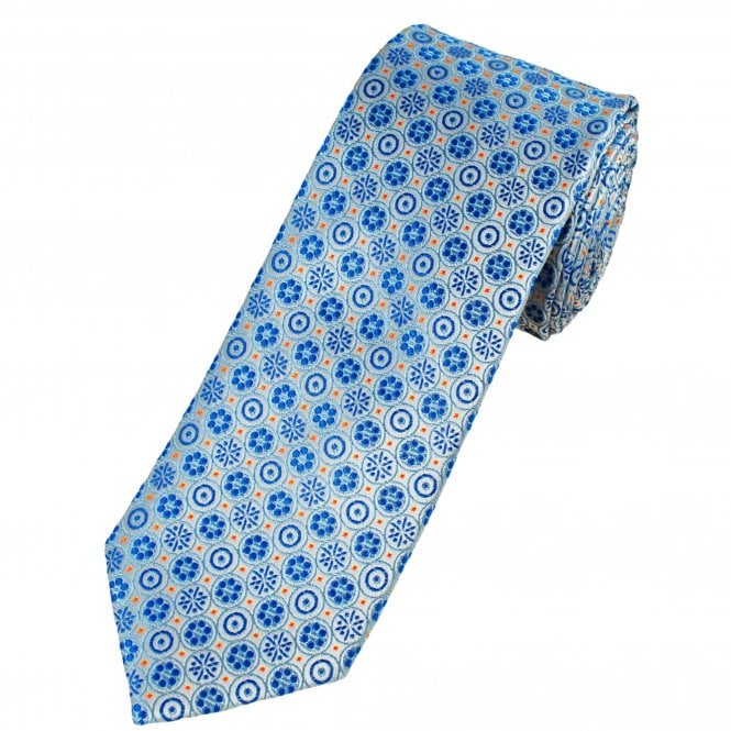 Tresanti Celeste Silver, Royal Blue, Light Blue & Orange Circle Patterned Men's Silk Tie