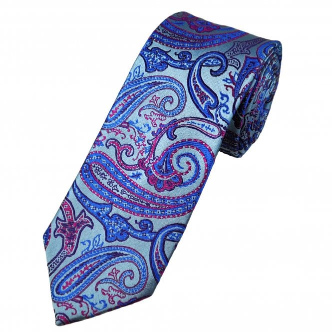 Tresanti Celeste Silver, Royal Blue, Purple & Fuchsia Pink Paisley Pattern Men's Silk Tie