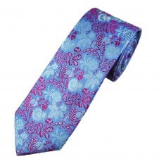 Tresanti Celeste Sky Blue, Fuchsia Pink & White Flower & Leaves Pattern Men's Silk Tie