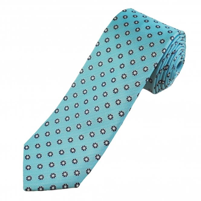 Tresanti Celeste Sky Blue, Navy & White Flower Patterned Men's Silk Tie