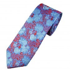Tresanti Celeste Sky Blue, Red & White Flower & Leaves Pattern Men's Silk Tie