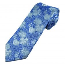Tresanti Celeste Sky Blue, Royal Blue & Silver Flower & Leaves Pattern Men's Silk Tie