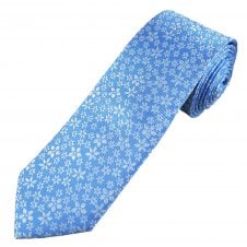 Tresanti Celeste Sky Blue & Silver White Flower Pattern Men's Silk Tie