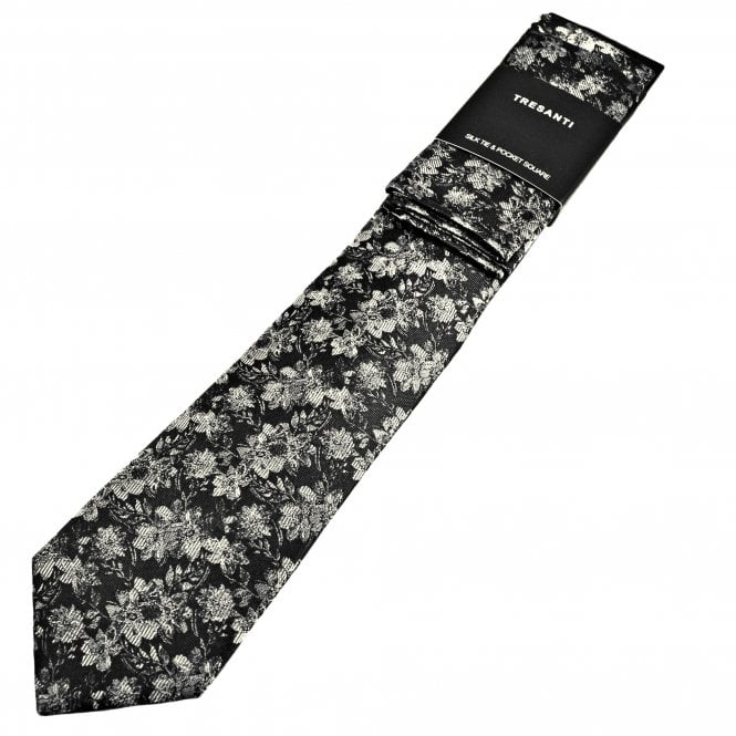 Tresanti Charcoal Grey & Silver Floral Pattern Men's Designer Silk Tie & Pocket Square Handkerchief Set