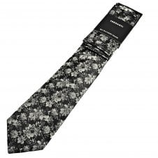 Tresanti Charcoal Grey & Silver Floral Pattern Men's Designer Silk Tie & Pocket Square Handkerchief Set