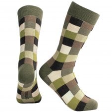Tresanti Combed Cotton Socks - Black, Beige & Shades of Green Block Square Pattern