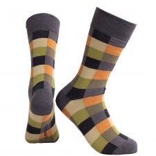 Tresanti Combed Cotton Socks - Black, Orange, Grey & Shades of Green Block Square Pattern