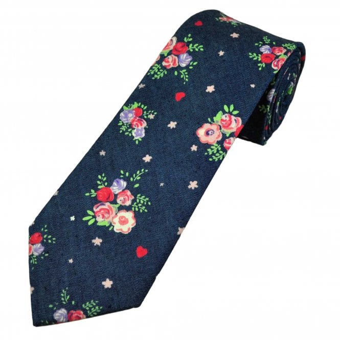 Tresanti Denim Blue, Pink. Lilac & White Flower Pattern Men's Cotton Tie