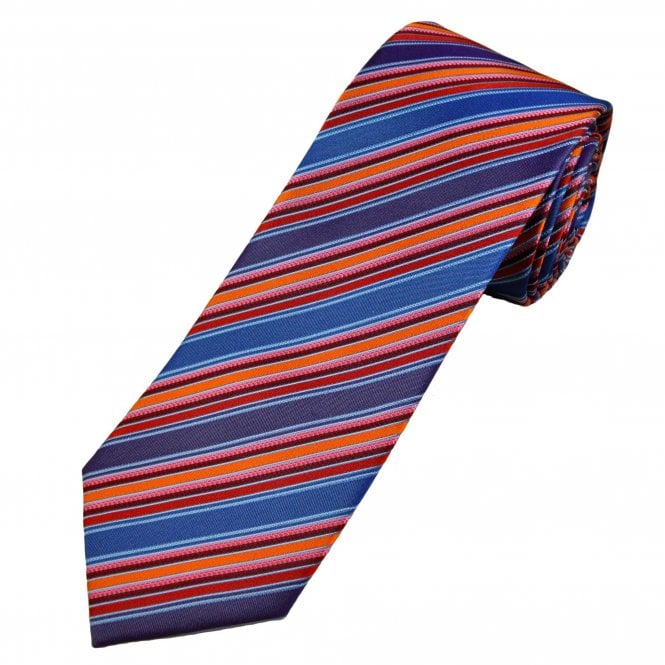 Tresanti Denim Blue, Purple, Orange, Red, Burgundy, Pink & Silver Stripe Men's Silk Tie