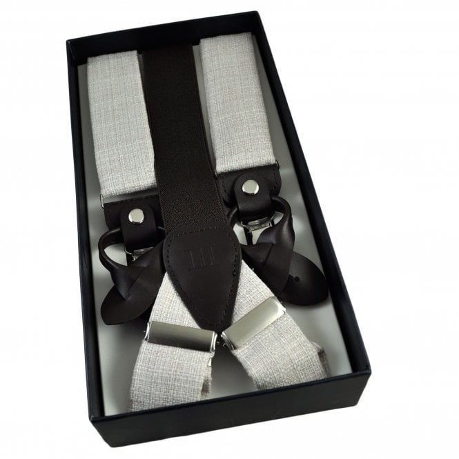 Tresanti Ecru Men's Trouser Braces - Dual 2-in-1 Brown Leather Ends and Silver Clips