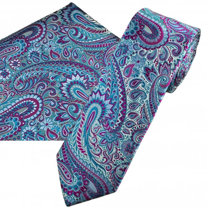 Tresanti Fuchsia Pink, Turquoise & Silver Paisley Pattern Men's Silk Tie & Pocket Square Handkerchief Set