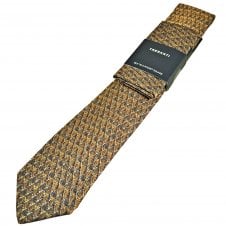 Tresanti Gold, Brown & Navy Blue Patterned Men's Designer Silk Tie & Pocket Square Handkerchief Set