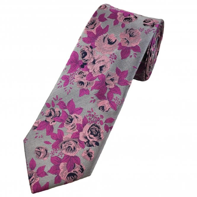 Tresanti Grey & Shades of Pink Roses Flower Pattern Men's Designer Silk Tie