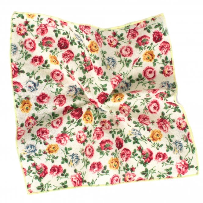Tresanti Ivory, Red, Yellow & Grey Flower Patterned Cotton Pocket Square Handkerchief