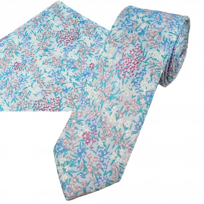 Tresanti Light Blue, Red, White, Purple & Green Floral Pattern Men's Silk Tie & Pocket Square Handkerchief Set