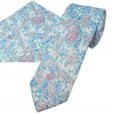 Tresanti Light Blue, Red, White, Purple & Green Floral Pattern Men's Silk Tie & Pocket Square Handkerchief Set