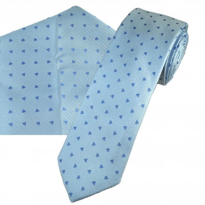 Tresanti Light Blue with Blue Love Hearts Men's Silk Tie & Pocket Square Handkerchief Set