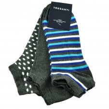 Tresanti Men's Trainer Socks 3 Pack - Grey Striped, Plain & Grey & White Polka Dot