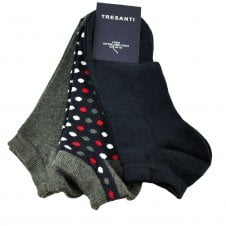 Tresanti Men's Trainer Socks 3 Pack - Plain Navy Blue, Navy Polka Dot, Plain Grey