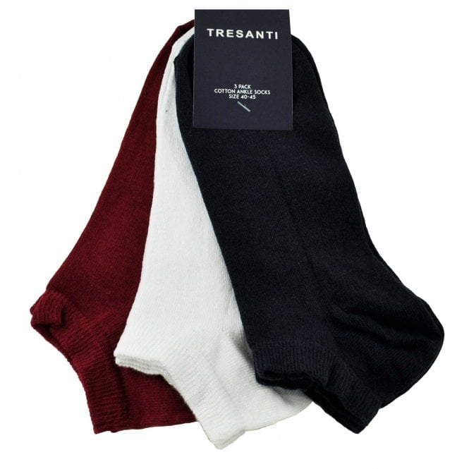 Tresanti Men's Trainer Socks 3 Pack - Plain Navy Blue, White & Maroon