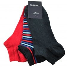 Tresanti Men's Trainer Socks 3 Pack -Plain Navy, Plain Red & Navy, Red & Blue Striped