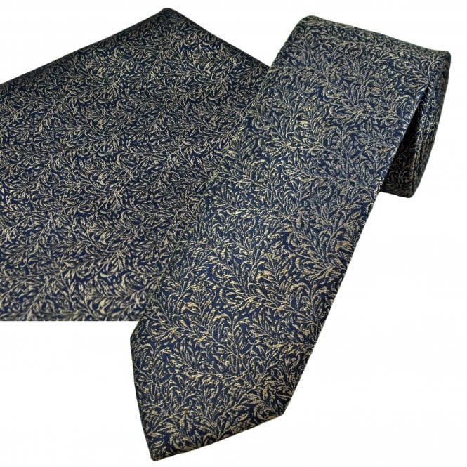Tresanti Navy Blue & Beige Brown Floral Pattern Men's Designer Silk Tie & Pocket Square Handkerchief Set