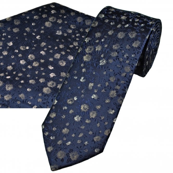 Tresanti Navy Blue & Beige Floral Men's Designer Silk Tie & Pocket Square Handkerchief Set