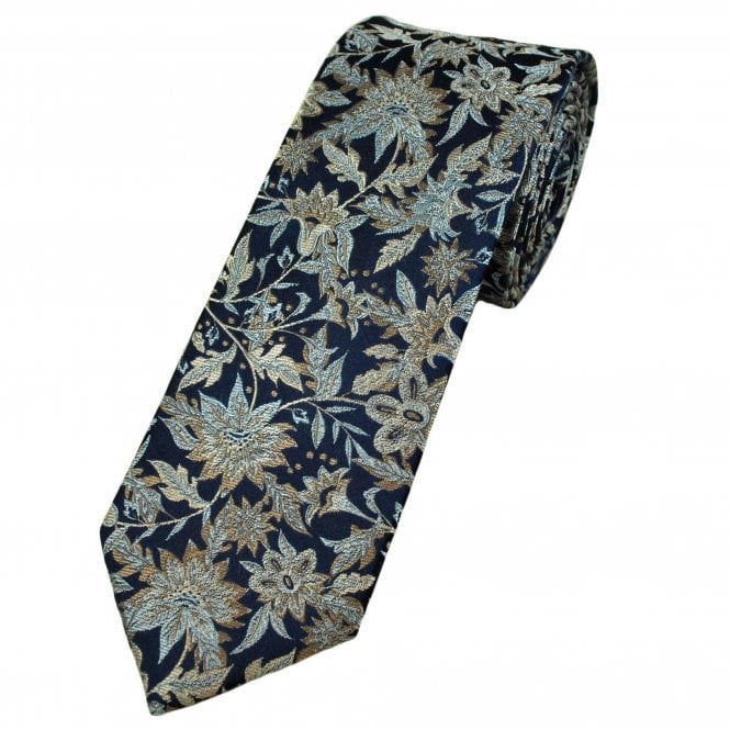 Tresanti Navy Blue, Beige & Light Blue Floral Pattern Men's Designer Silk Tie