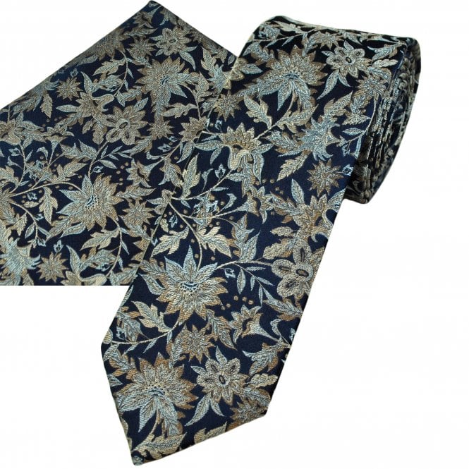 Tresanti Navy Blue, Beige & Light Blue Floral Pattern Men's Designer Silk Tie & Pocket Square Handkerchief Set