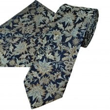 Tresanti Navy Blue, Beige & Light Blue Floral Pattern Men's Designer Silk Tie & Pocket Square Handkerchief Set
