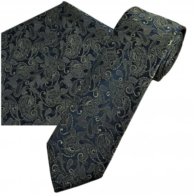 Tresanti Navy Blue & Beige Paisley Men's Silk Tie & Pocket Square Handkerchief Set
