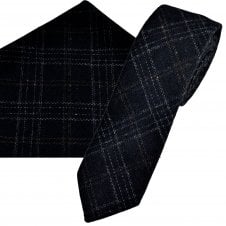 Tresanti Navy Blue, Brown & Silver Checked Wool Blend Men's Tie & Pocket Square Handkerchief Set