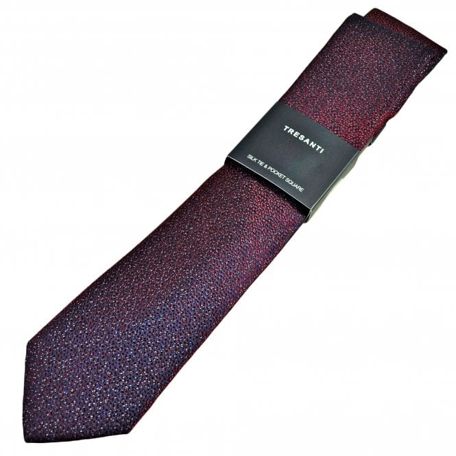 Tresanti Navy Blue & Burgundy with Silver Lurex Men's Designer Silk Tie & Pocket Square Handkerchief Set