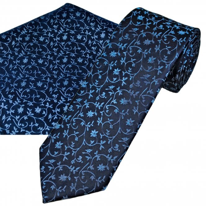 Tresanti Navy & Blue Floral Pattern Men's Designer Silk Tie & Pocket Square Handkerchief Set