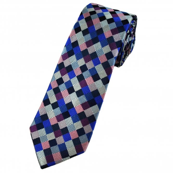 Tresanti Navy Blue, French Navy, Royal, Pink, Silver, Plum & Slate Square Pattern Men's Silk Designer Tie