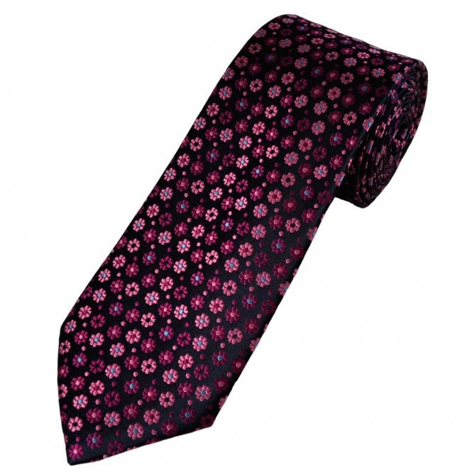 Tresanti Navy Blue, Fuchsia Pink & Blue Flower Patterned Silk Designer Tie