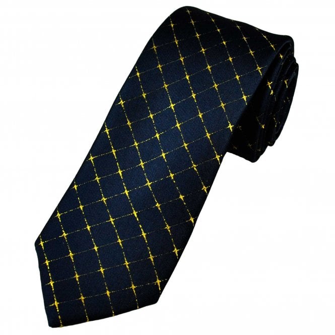 Tresanti Navy Blue & Gold Lurex Checked Patterned Men's Silk Designer Tie