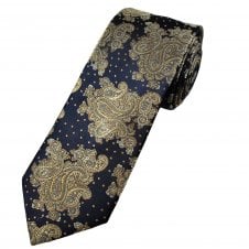 Tresanti Navy Blue, Gold & Silver Paisley Pattern Men's Designer Silk Tie
