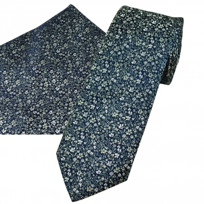 Tresanti Navy Blue, Green & Silver Floral Pattern Men's Designer Silk Tie & Pocket Square Handkerchief Set