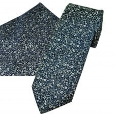 Tresanti Navy Blue, Green & Silver Floral Pattern Men's Designer Silk Tie & Pocket Square Handkerchief Set