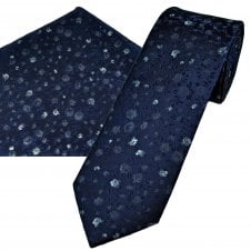 Tresanti Navy Blue & Grey Floral Men's Designer Silk Tie & Pocket Square Handkerchief Set