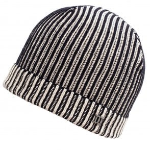Tresanti Navy Blue & Ivory Ribbed Beanie Hat with Metal Tresanti Logo