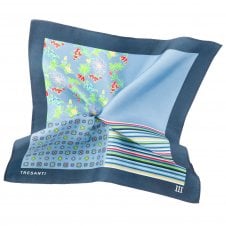 Tresanti Navy Blue & Light Blue 4-Way Printed Silk Pocket Square Handkerchief