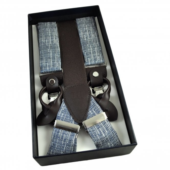 Tresanti Navy Blue & Mid Grey Men's Trouser Braces - Dual 2-in-1 Brown Leather Ends and Silver Clips