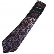 Tresanti Navy Blue, Peach & Orange Floral Pattern Men's Designer Silk Tie & Pocket Square Handkerchief Set